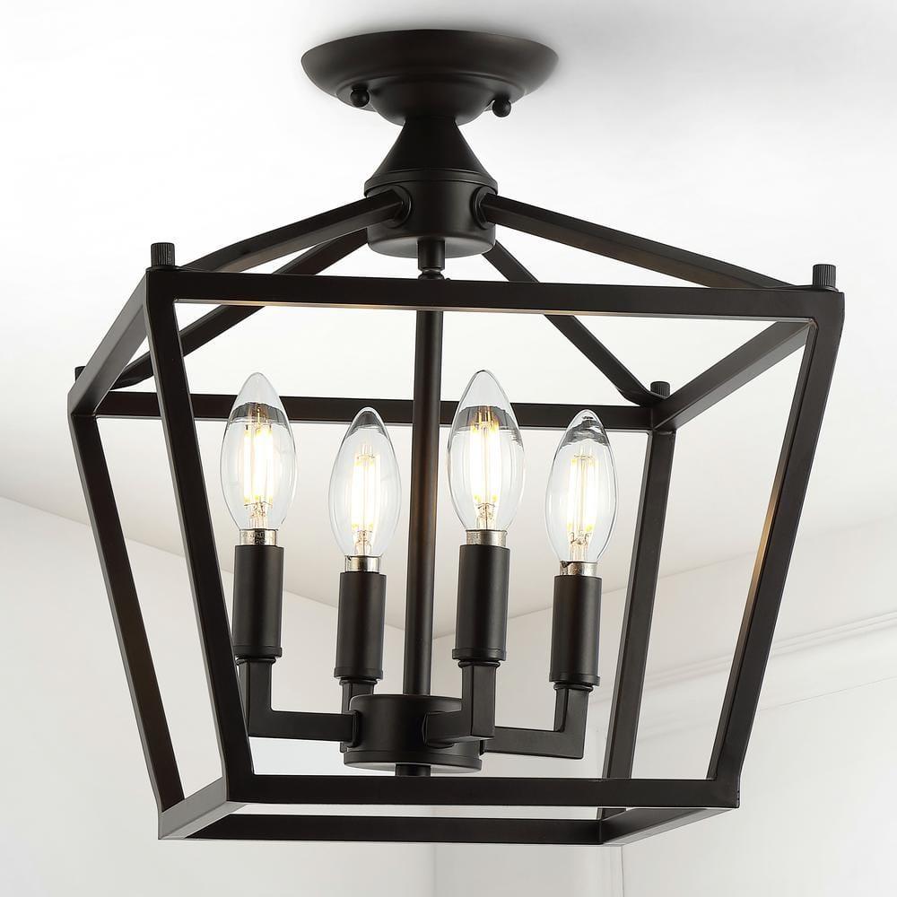 JONATHAN Y Milton Mini Lantern 4-Light Iron Modern Farmhouse LED Flush Mount, by JONATHAN  Y Oil Rubbed Bronze
