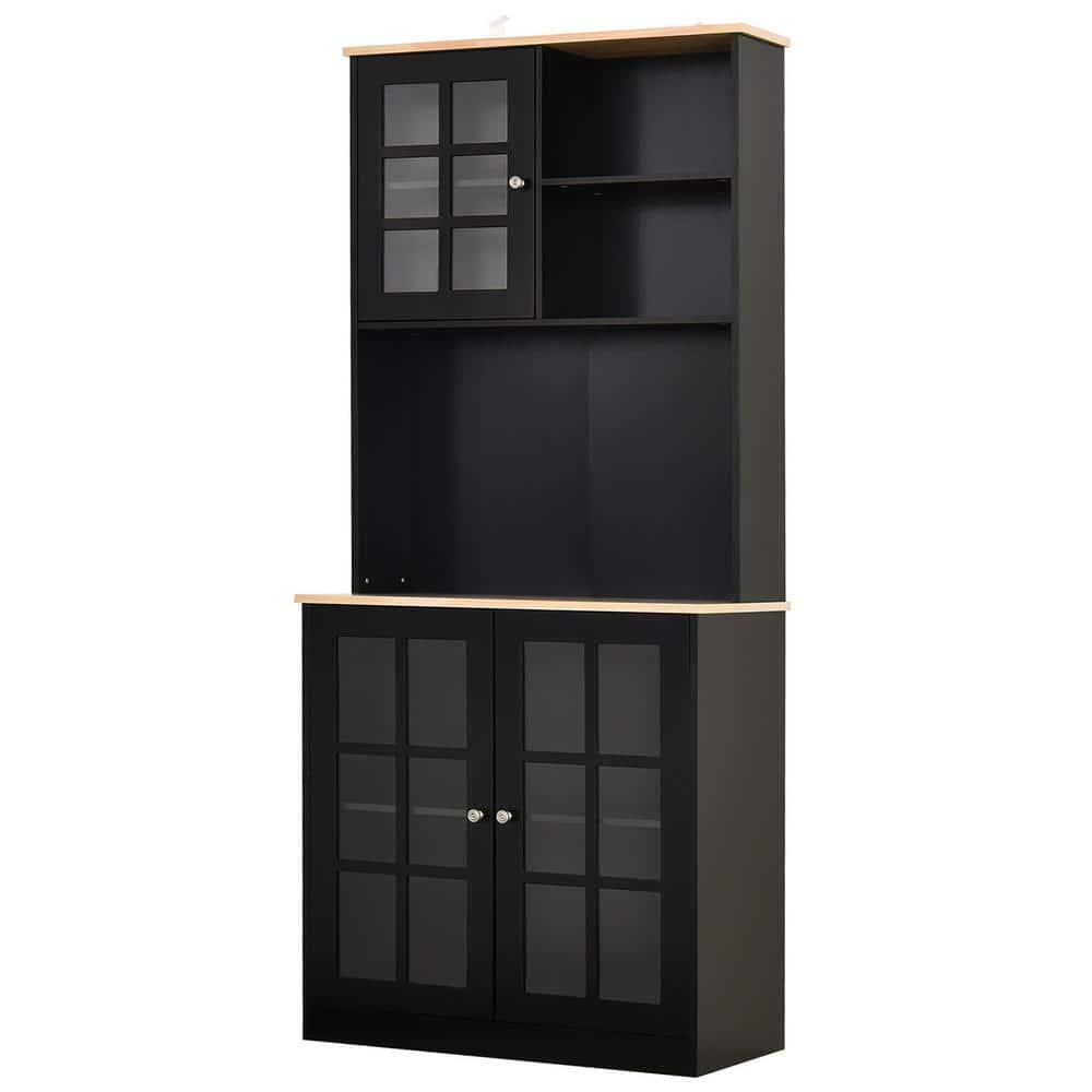 HOMCOM Kitchen Buffet with Hutch, Storage Pantry with 3 Cabinets, 2 Open Shelves and Large Countertop, Black