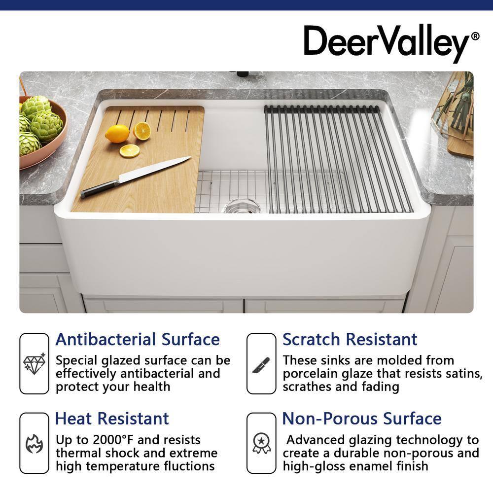 DeerValley 33" L X 20" W Single Basin Workstation Farmhouse Kitchen Sink With Sink Grid, Cutting Board And Dish-Drying Rack