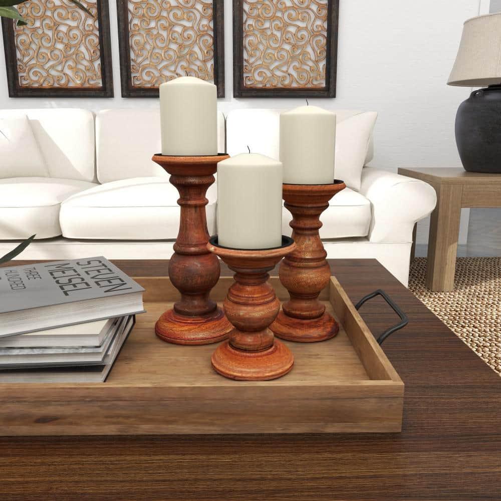DecMode Traditional and Timeless Mango Wood Pillar Candle Holder Set of 3, 4", 8", 10"H, Brown Finish