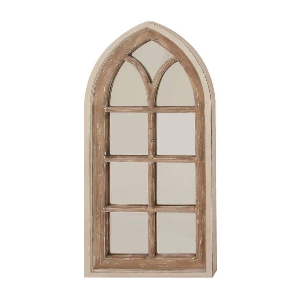 DecMode 26" x 35" Brown Arched Distressed Window Pane Wall Mirror