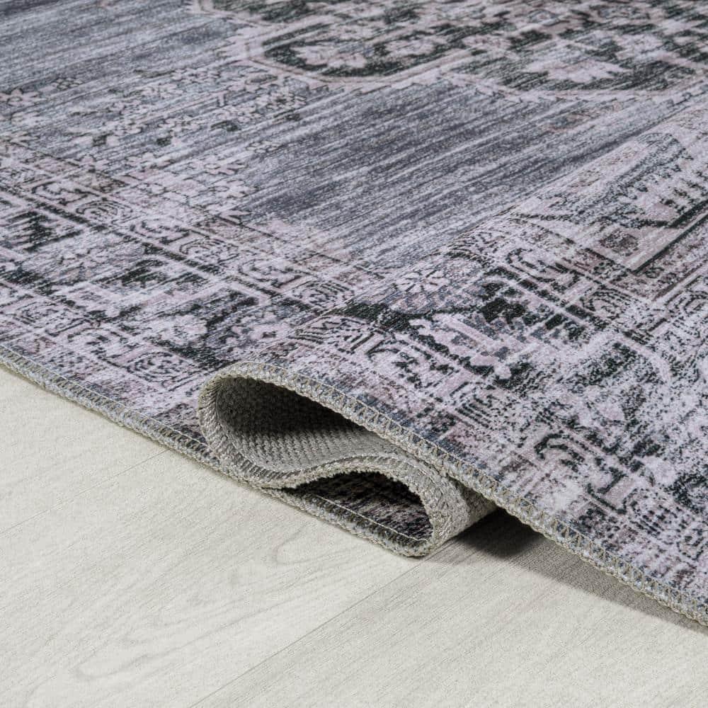 Wincer Chenille Cottage Medallion Machine-Washable Navy/Gray/Black 3 ft. x 5 ft. Area Rug - JONATHAN Y