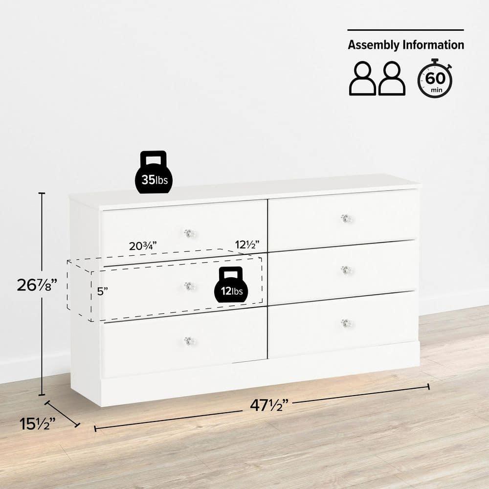 Astrid 6 Drawer Dresser White - Prepac: Laminated Wood Composite, Easy-Glide, Safety Stops