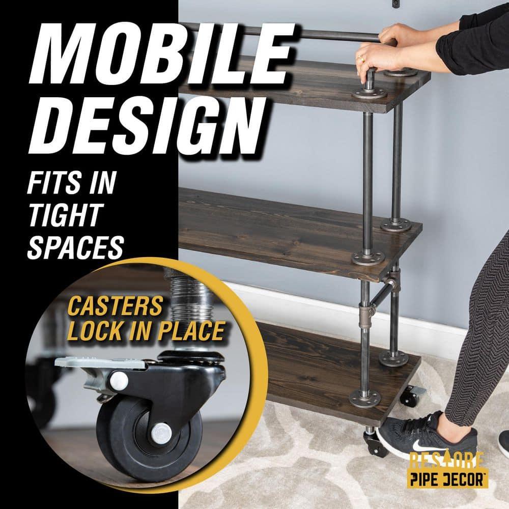 PIPE DECOR Restore by Industrial 3 Tier Solid Wood & Steel Pipe Bar Cart with Wheels Boulder Black