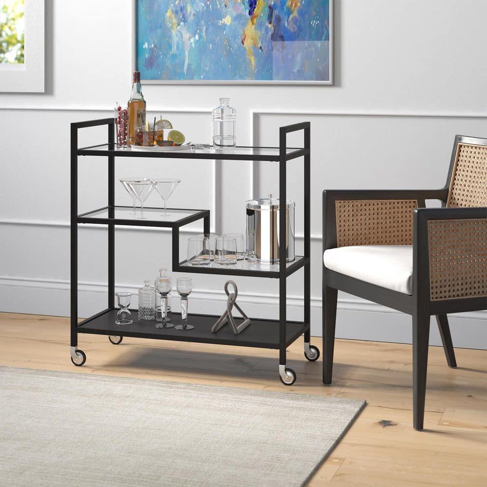 Evelyn&Zoe Lovett 33" Wide Rectangular Bar Cart with Glass and Metal Shelves, Blackened Bronze