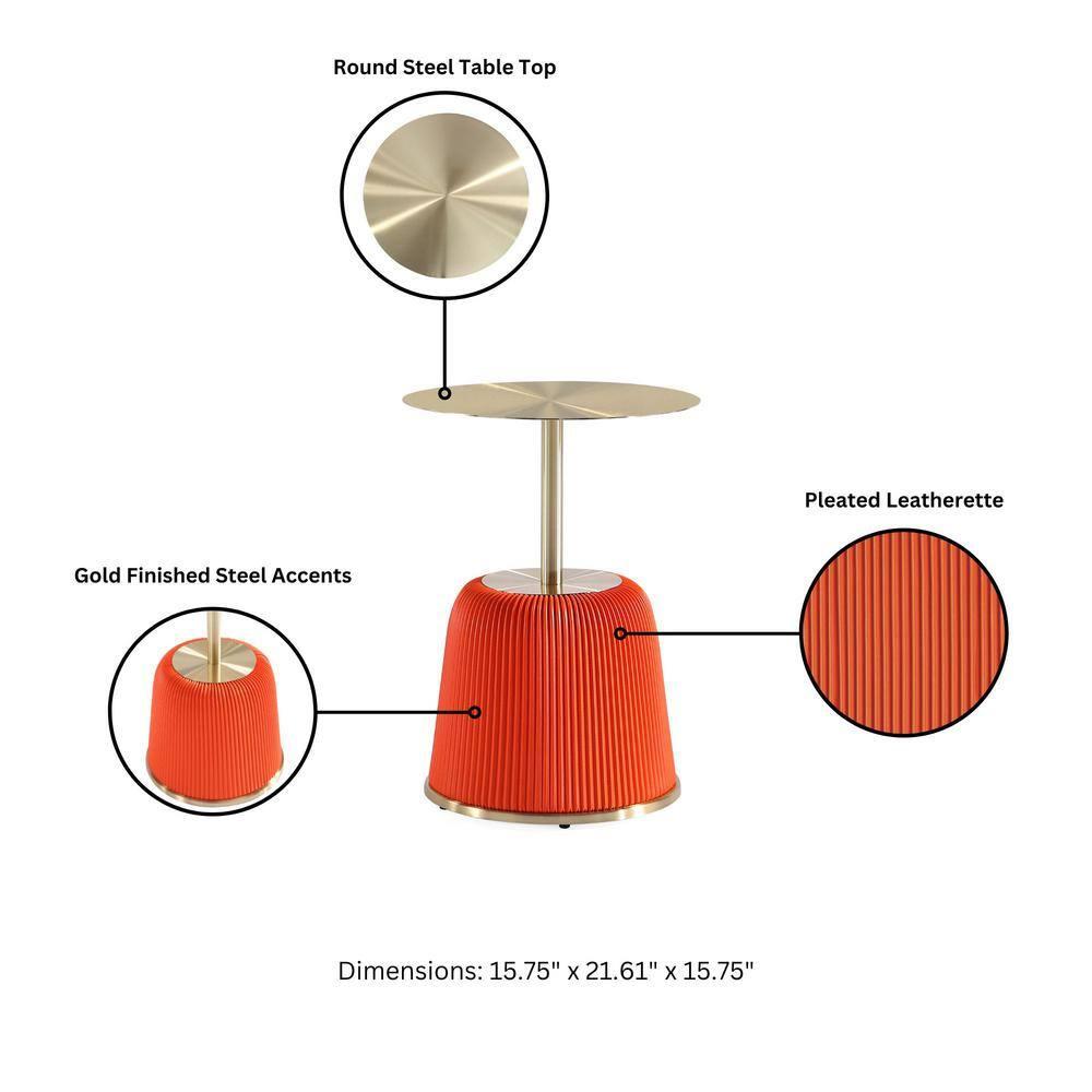 Manhattan Comfort Set of 2 Anderson Leatherette Upholstered End Tables with Gold Tabletop Orange: Round, No Assembly, Stainless Steel Frame