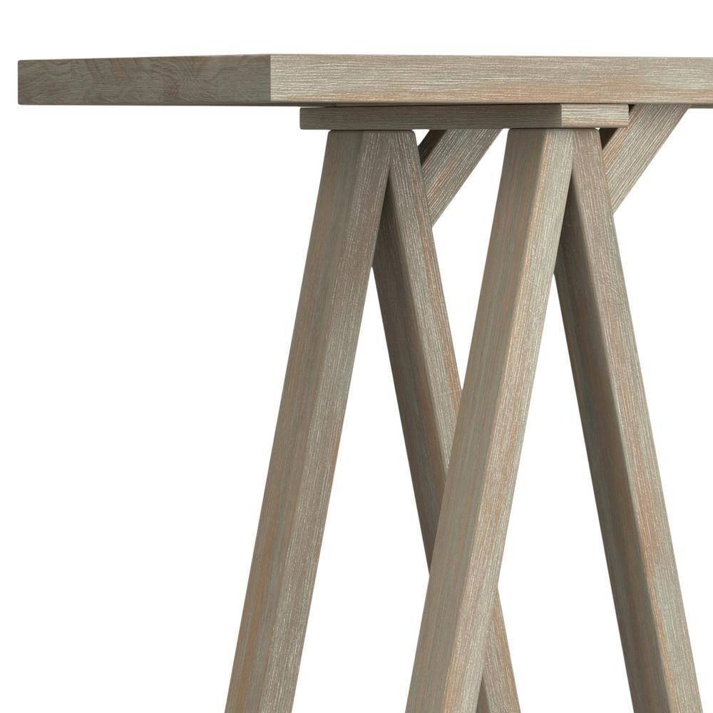 Simpli Home Sawhorse Solid Wood Wide Console Sofa Table In Distressed Grey
