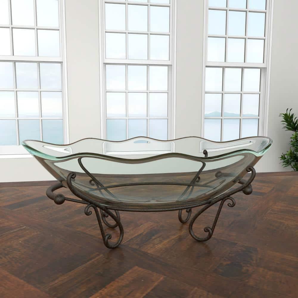DecMode 23" x 9" Clear Tempered Glass Kitchen Serving Bowl with Brown Metal Scroll Base, 1-Piece