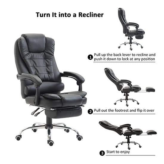 HOMCOM Executive Office Chair with Footrest and Lumbar Support, PU Leather Office Desk Chair, Ergonomic, Reclining and Swivel Chair, Black