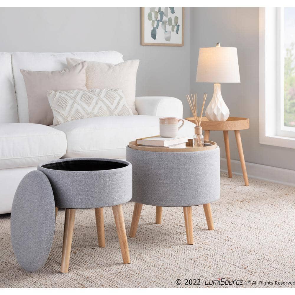 LumiSource Natural Wood, Light Grey Fabric Tray Storage Ottoman Set