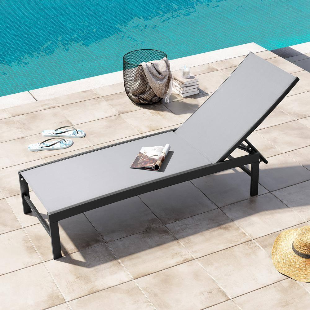 Crestlive Products Outdoor Pool Lounger Aluminum All-weather Adjustable Chaise Lounge Chair - See Picture Light Grey Fabric, Dark Grey Frame