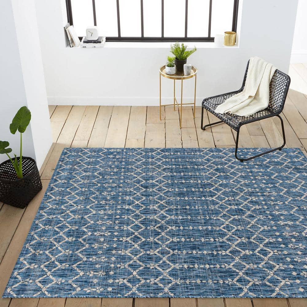 9' X 12' Ourika Moroccan Geometric Textured Weave Indoor/Outdoor Area Rug, Navy/Light Gray - JONATHAN Y