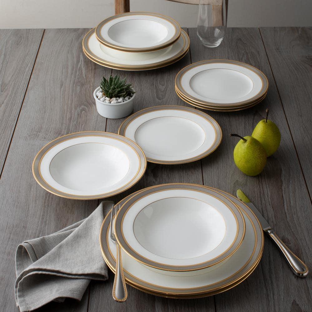 Brilliance White Porcelain 12-Piece Dinnerware Set with Gold and Platinum Etchings