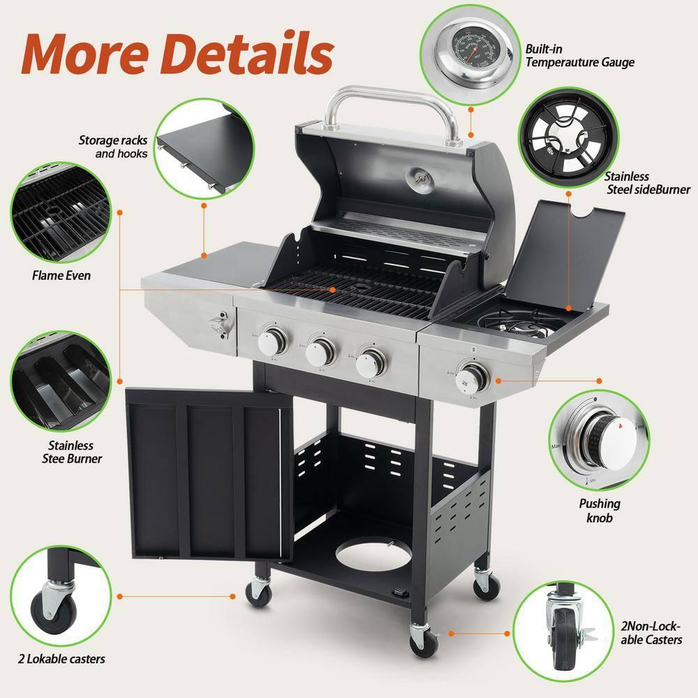 3-Burners Propane Gas Grill Outdoor with Side Burner & Thermometer, Stainless Steel Propane Grill for Outdoor BBQ and Camping, Patio Backyard Barbecue, 33950 BTU Output