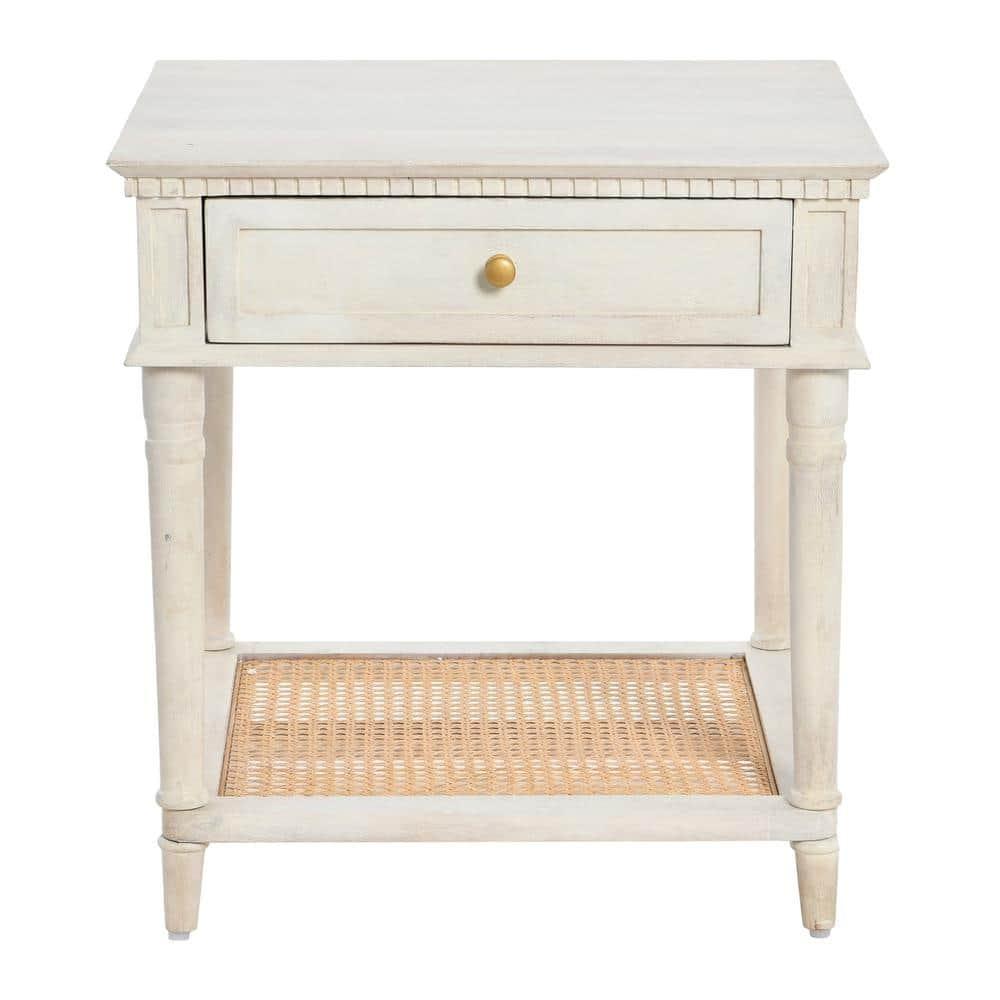 Creative Co-Op Maxwelton Solid Wood End Table with Drawer and Woven Cane Storage Shelf, Distressed White and Natural