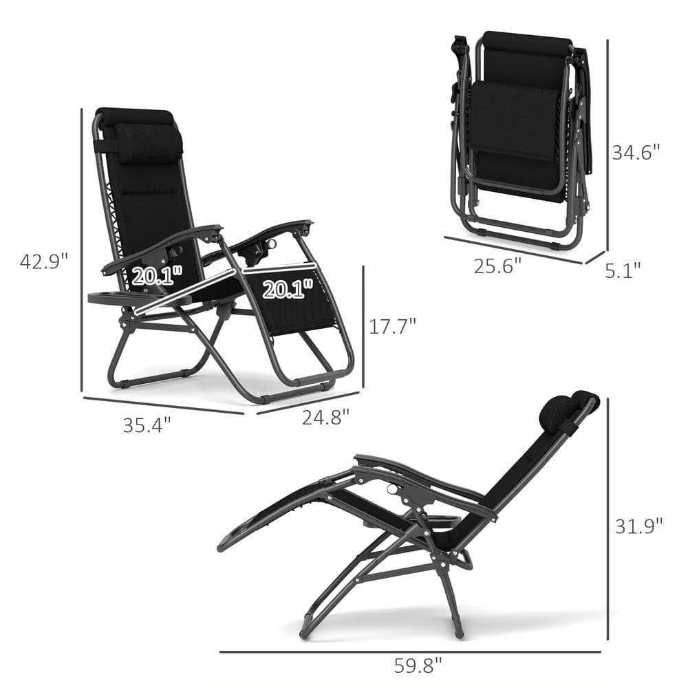 Outsunny Zero Gravity Lounge Chair Set of 2 Reclining Folding Outdoor Lounge Chairs with Cushion, Headrest, and Side Tray for Patio Beach, Black