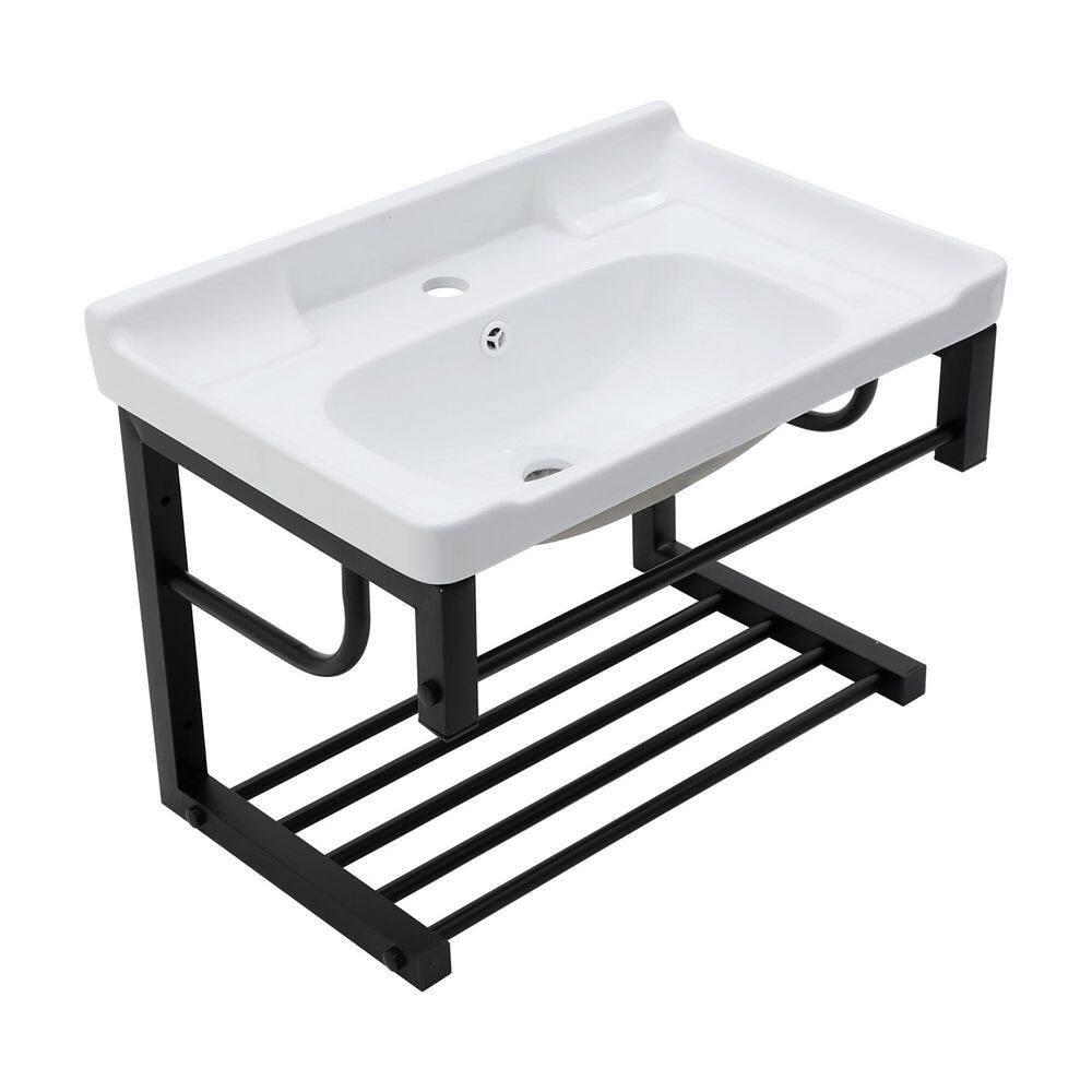 Lordear 23.75" L x 15.75" W Wall Mounted Bathroom Sink with Towel Rack White Ceramic Bathroom Wall Hung Sink LBS2315GP