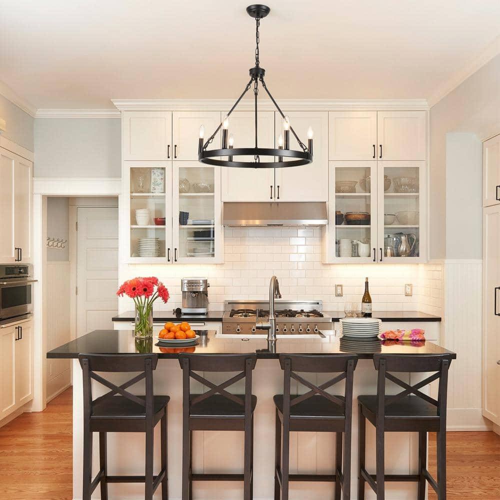 22.04 in. 6-Light Black Rustic Farmhouse Chandelier, Wagon Wheel Chandelier for Dining Room Living Room Bedroom Kitchen Black