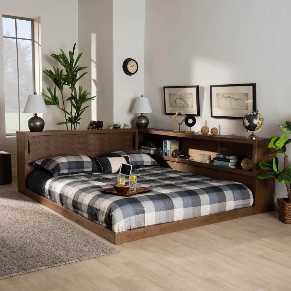 Queen Erie Platform Storage Bed with Built-In Outlet Walnut - Baxton Studio