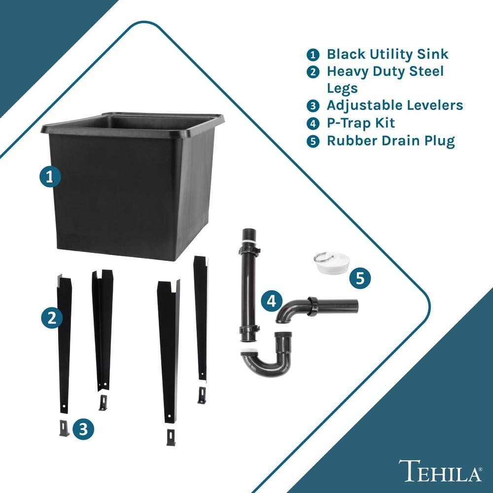 TEHILA Space Saver 16 Gallon Black Utility Sink with Black Steel Legs
