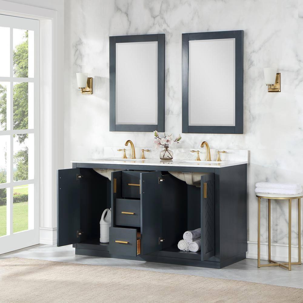 Gazsi 60" Double Bathroom Vanity Set in Charcoal Blue with Grain White Composite Stone Countertop without Mirror