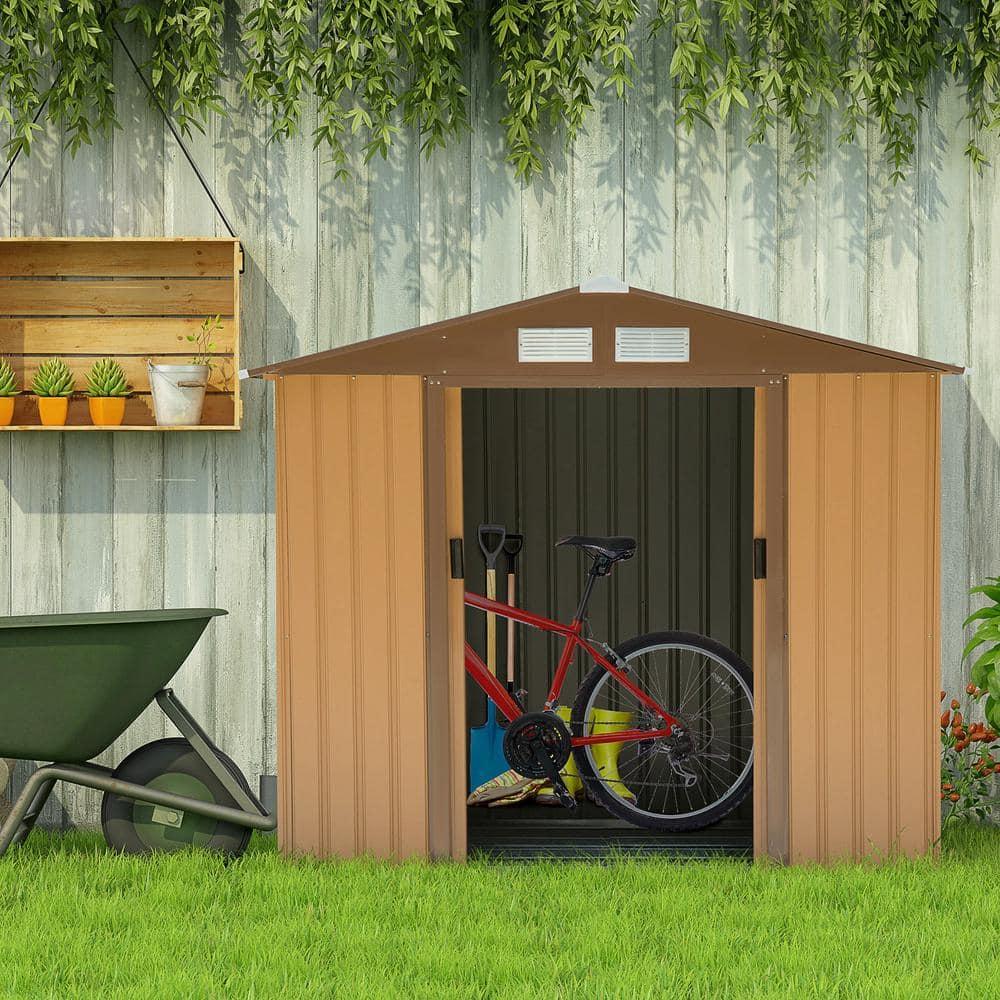 Outsunny 7' x 4' Metal Storage Shed Organizer, Garden Tool House with 4 Vents and 2 Sliding Doors for Backyard, Patio, Garage, Lawn, Brown