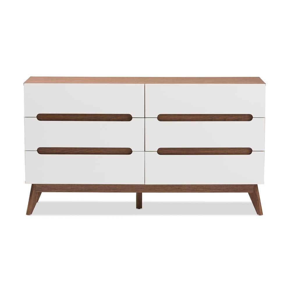 Baxton Studio Calypso Mid-Century Modern White and Walnut Wood 6-Drawer Storage Dresser
