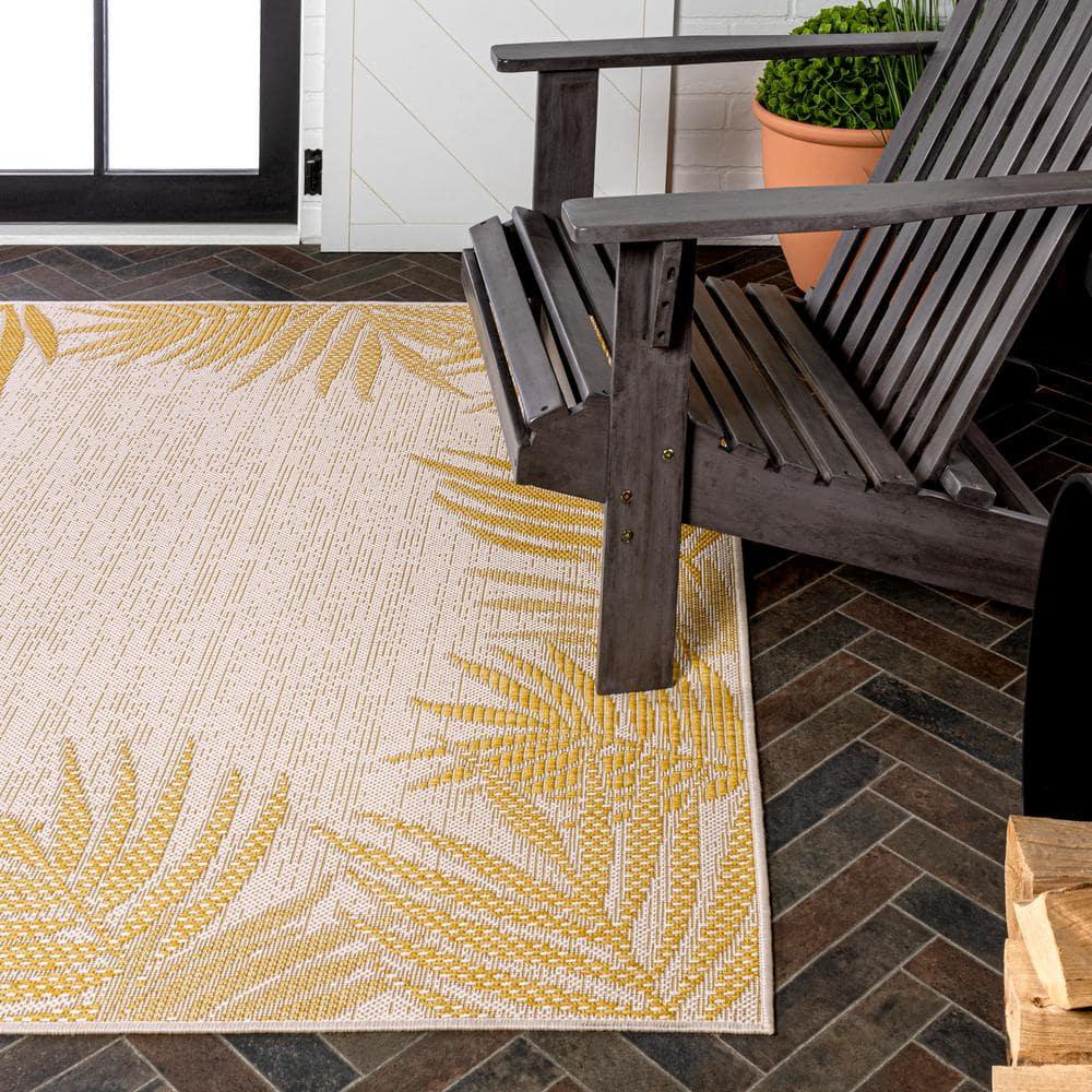 JONATHAN Y Isla Coastal Cottage Palm Frond Border Yellow/Cream 3 ft. x 5 ft. Indoor/Outdoor Area Rug