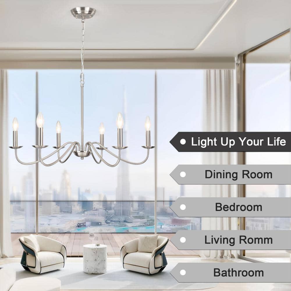 6-Light Farmhouse Chandelier for Dining Room Lighting Fixtures Hanging Brushed Nickel Chandelier for Kitchen Industrial Pendant Candle Lighting or Living Room Entryway Bedroom Foyer