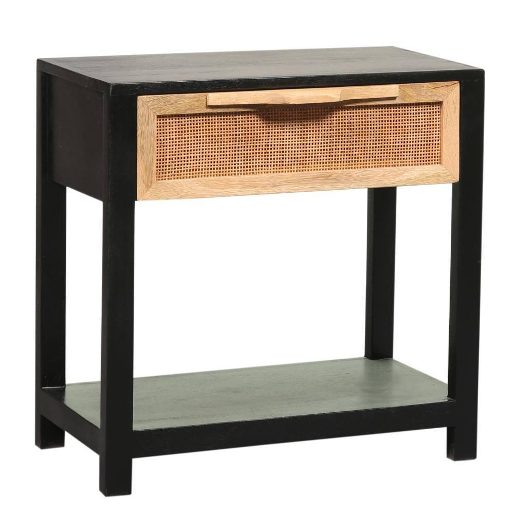 Benzara 22" Side Table with Rattan Front Drawer and Open Shelf Mango Wood Frame Black/Brown