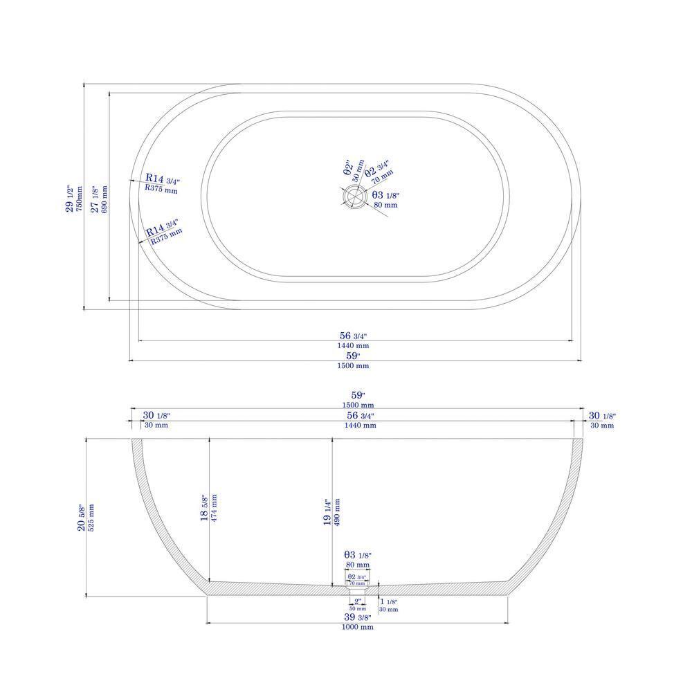59'' x 29.5'' Soaking Stone Bathtub