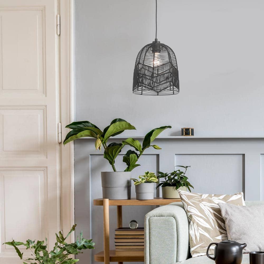 10"W Amher 1-Light Black Rattan Pendant Light