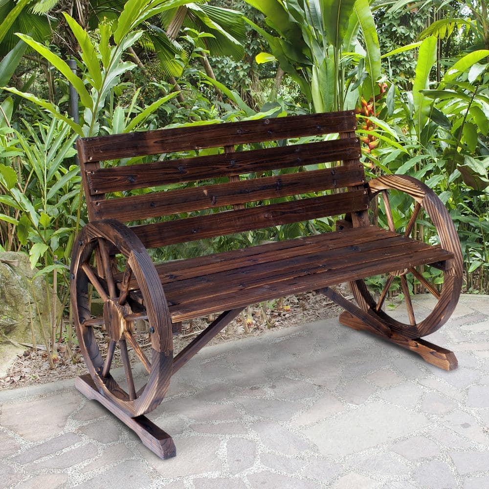 ZWNLKQG Wooden Wagon Wheel Bench  Rustic Outdoor Patio   2-Person Seat Bench for Backyard  Patio  Garden  41.5" x 23.25" x 29.5"  Brown