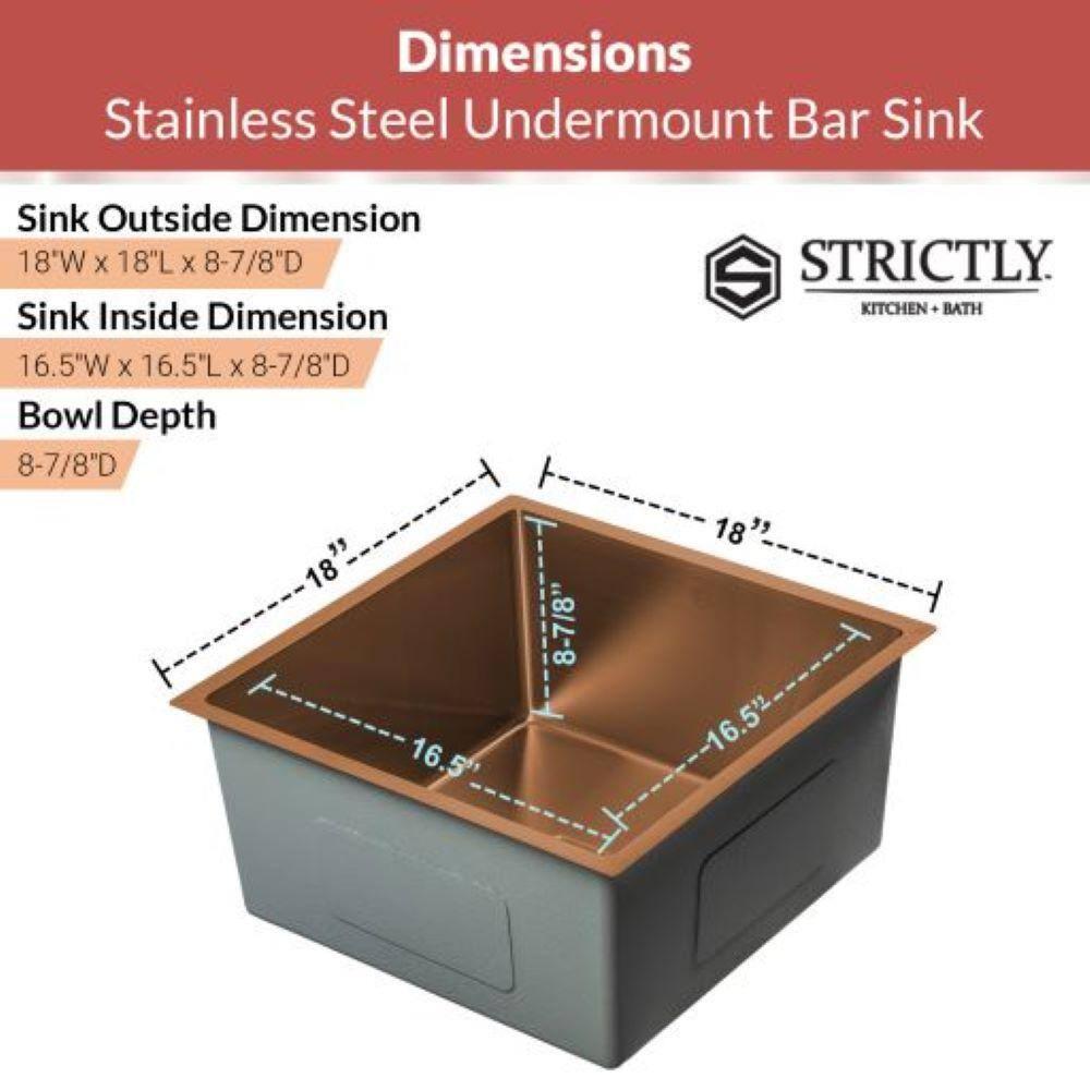 Strictly Sinks Undermount Copper Kitchen Sink – 18 Inch Single Bowl Bar Prep Sink 16 Gauge Stainless Steel