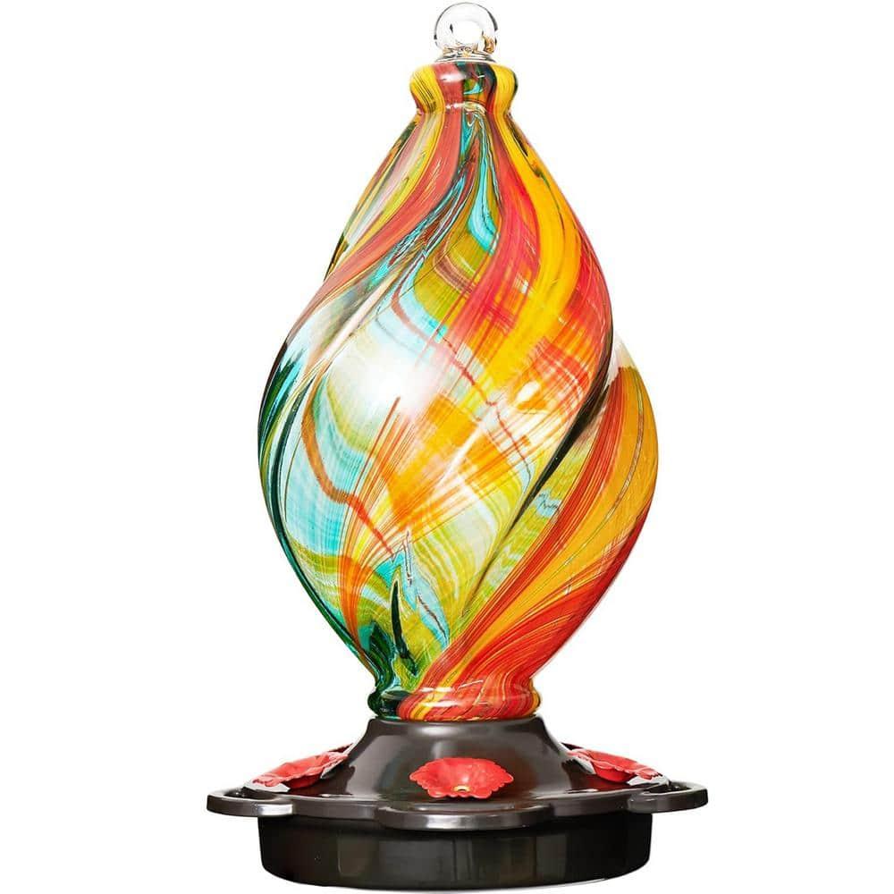 LUJII Spiral Shaped Hand Blown Glass Hummingbird Feeder with Ant Moat for Outdoors Hanging, 28 fl.oz, Leak Proof & Rustproof (Ribbon)