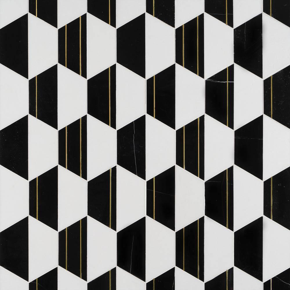 Meld 10.43" x 12.04" Marble and Brass Mosaic Hexagon Tile (0.87 Sq. Ft. / Sheet)