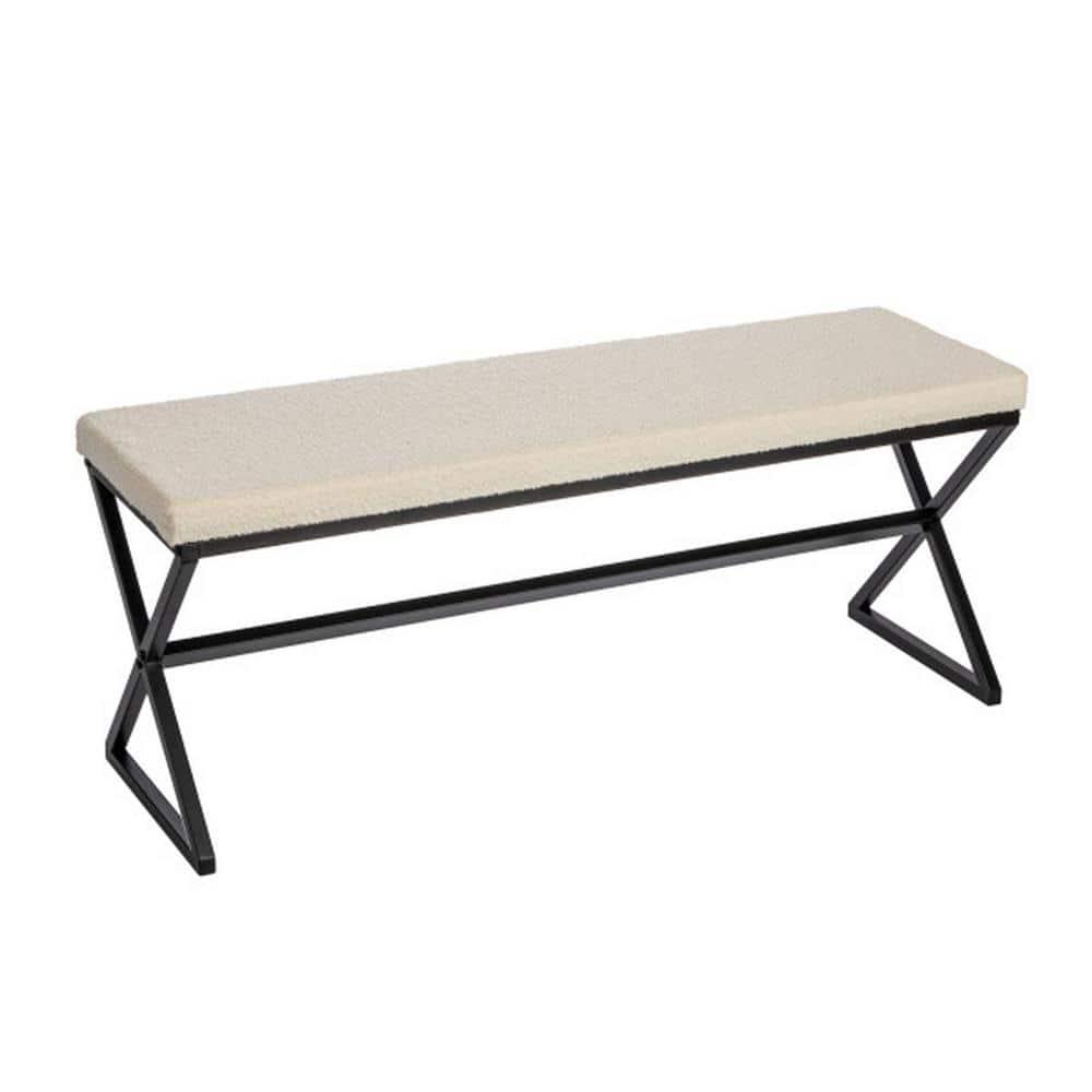 Harper Metal Bench with Boucle Upholstered Cushion, Cream and Black