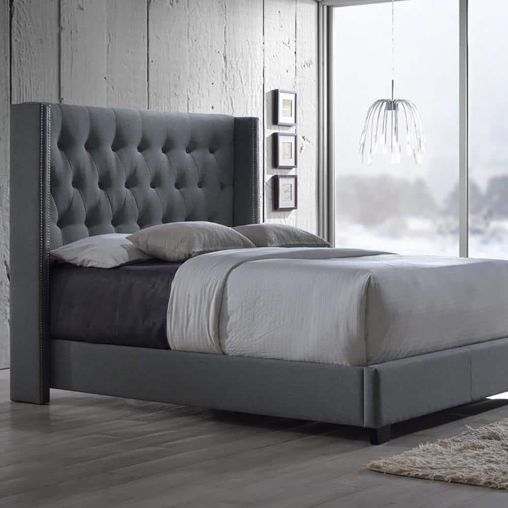 Baxton Studio Katherine Wingback Fabric Standard Bed with Nailhead Trim, Gray