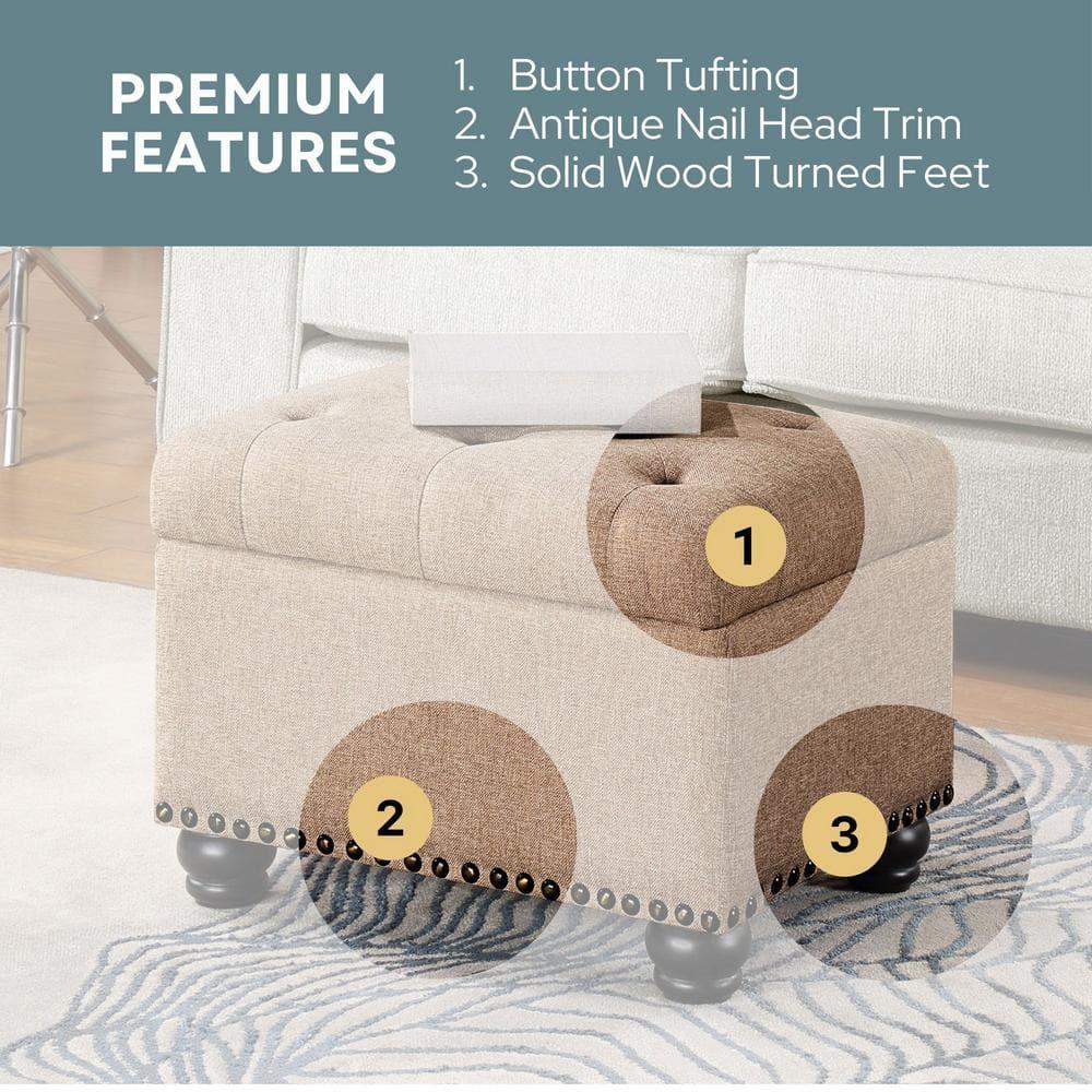 Designs4Comfort 5th Avenue Storage Ottoman in Beige Tan Fabric & Nail Head Trim