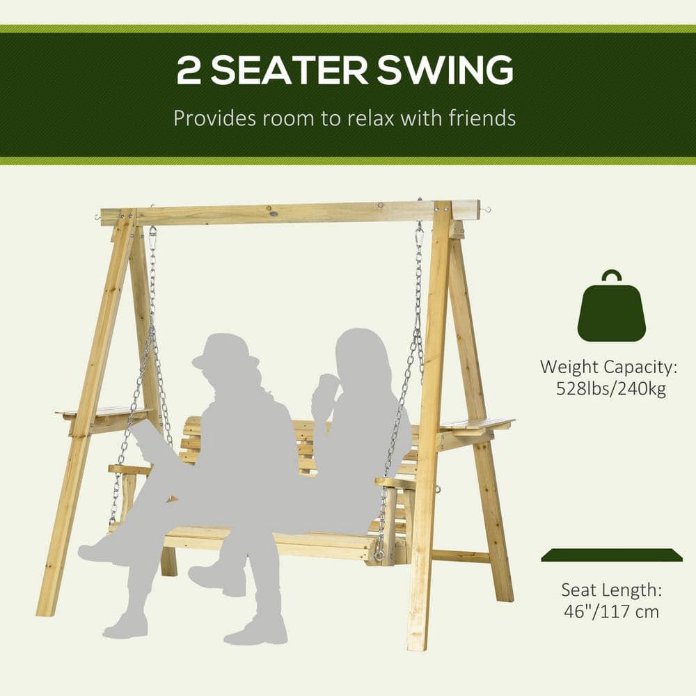 Outsunny 2-Seat Outdoor Swing Chair, Porch Swing with Stand and Side Tables, for Garden, Poolside, Backyard, Natural