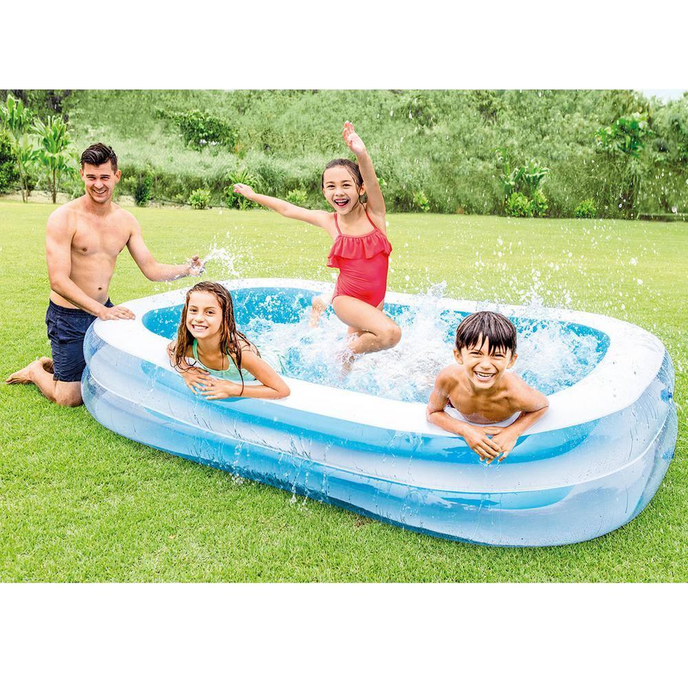 Intex Kool Splash Inflatable Play Center Swimming Pool Water Slide, Blue, and Inflatable 8.5'x5.75' Swim Center Family Pool for 2-3 Kids, Blue & White