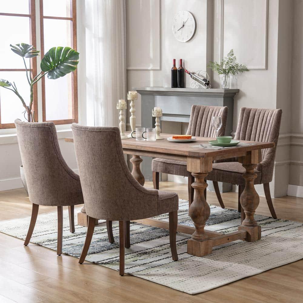 mikibama Linen Dining Chairs Set of 4 Channel Tufted Kitchen Dinner Chair Comfy Fabric Upholstered Accent Chair for Dining Room with Solid Wood Legs (Brown 4pc)
