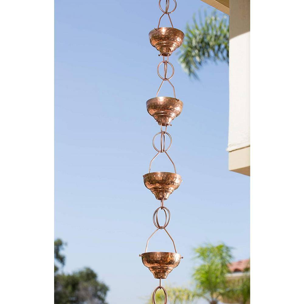 Monarch Rain Chains Pure Copper Eastern Hammered Cup Rain Chain Replacement Downspout for Gutters, 8-1/2 Feet Length