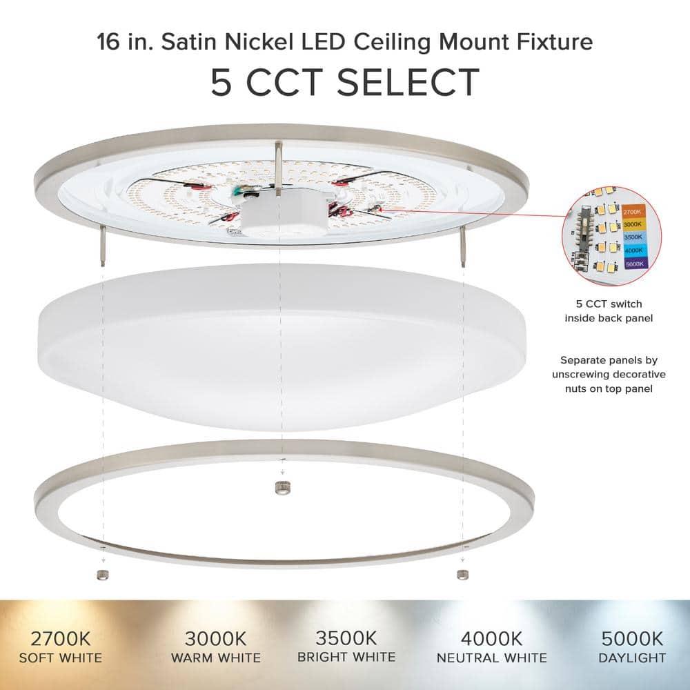 Maxxima 16 in. Satin Nickel LED Ceiling Mount Fixture 3000K Warm White, 2600 Lumens, Dimmable