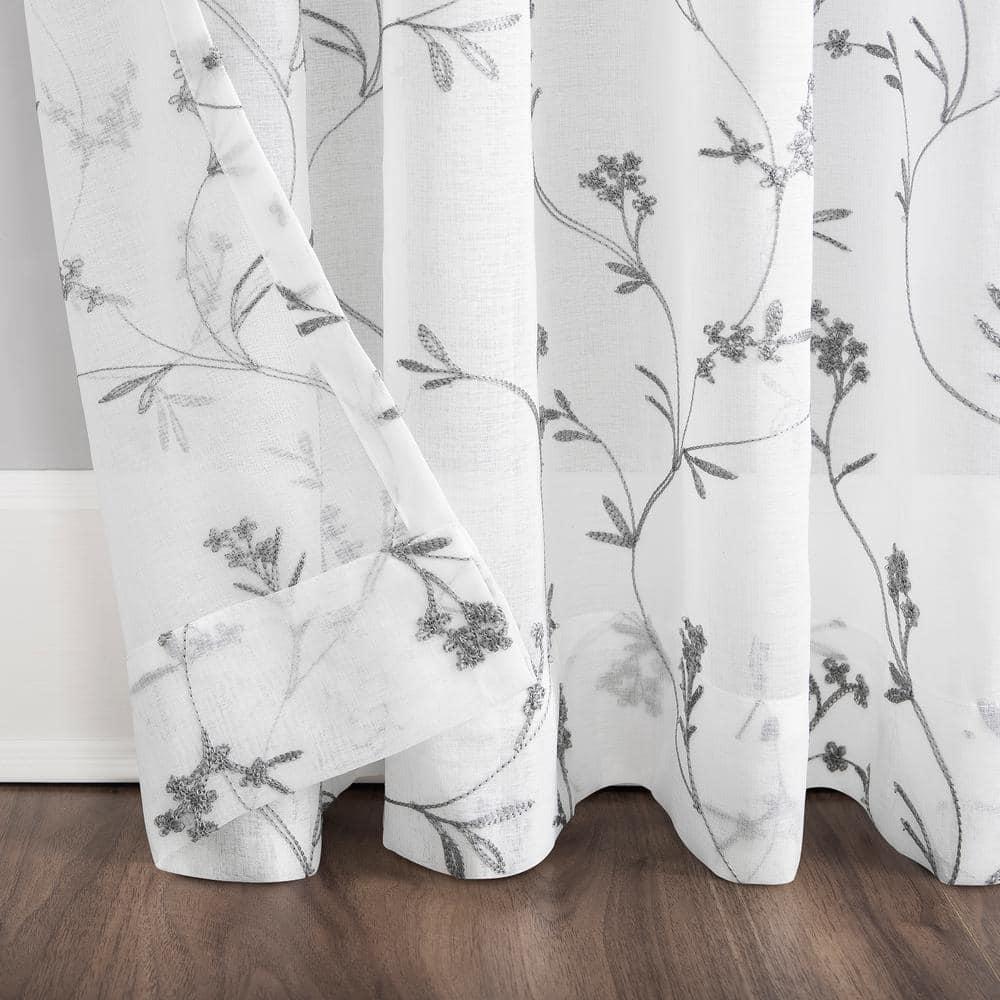 84"x50" Delia Embroidered Floral Sheer Rod Pocket Curtain Panel White - No. 918: Modern Botanical Indoor Curtain
