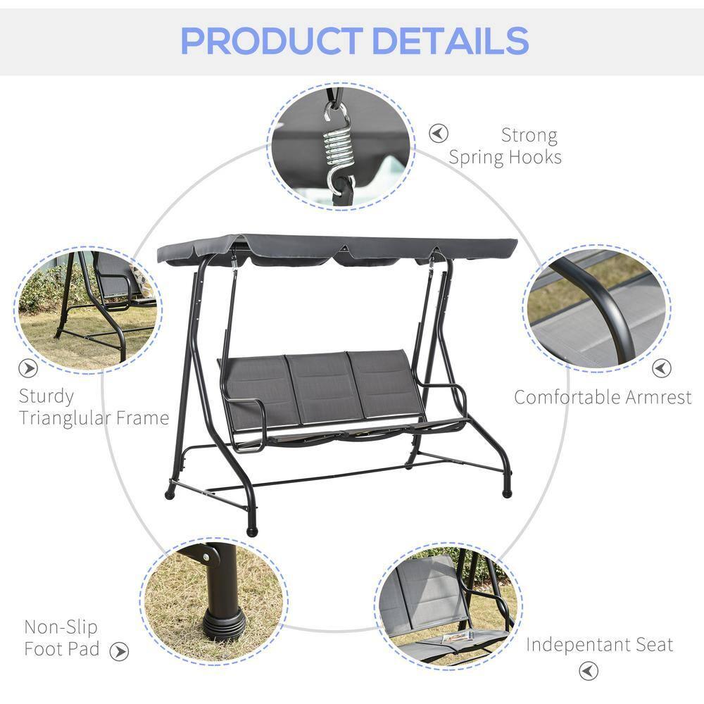 Outsunny 3-Seater Porch Swing Outdoor Swing Chair Patio Bench for Deck with Adjustable Canopy, Padded Sling Fabric Seat