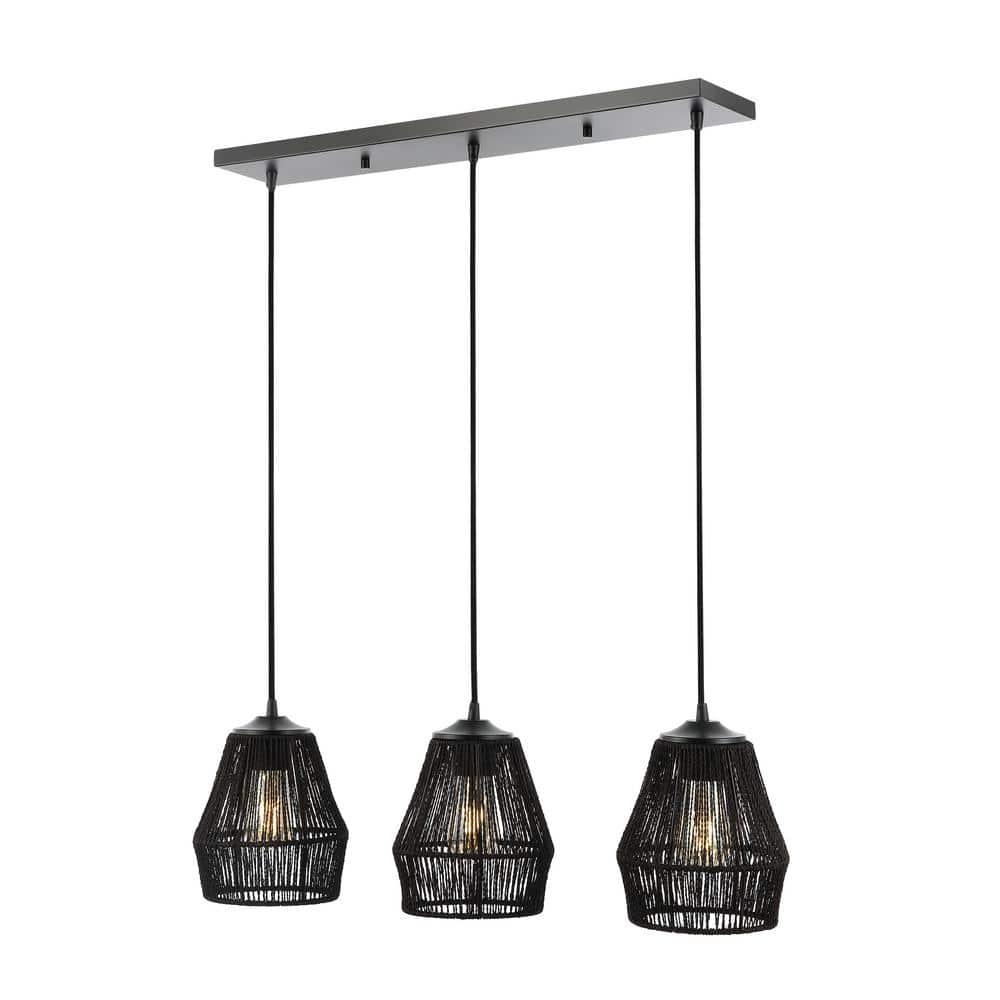 30" 3-Light Ibiza Island Woven Rope/Metal Bohemian Coastal Linear Pendant (Includes LED Light Bulb) Black - JONATHAN Y