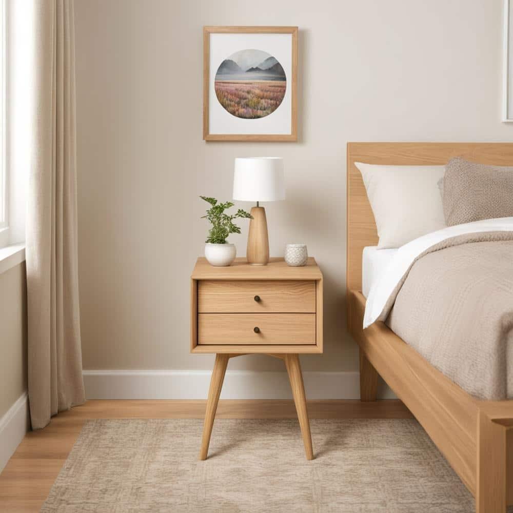Camaflexi Mid Century Nightstand 2-Drawer Night Stand Cabinet, Scandinavian Oak