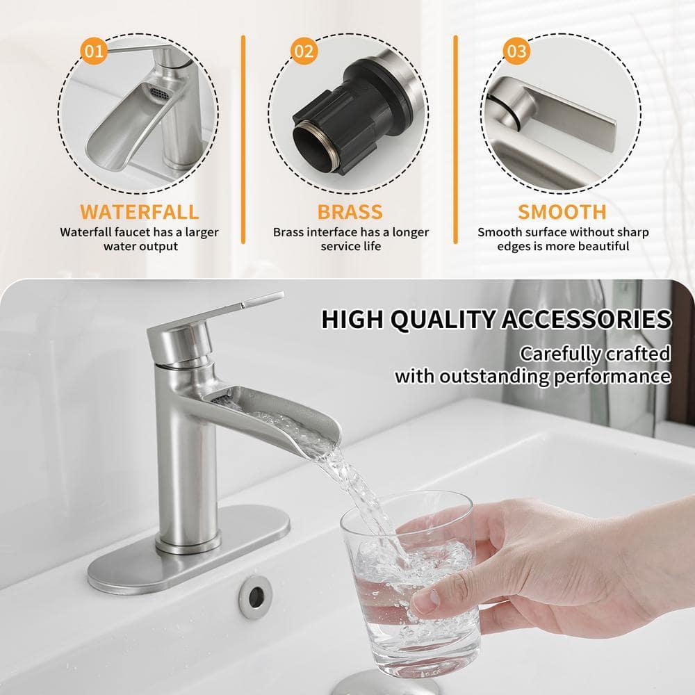 BWE Bathroom Faucets Waterfall Bathroom Faucet with Pop Up Drain for Bathroom Sink Single Hole Farmhouse RV Bathroom Basin Faucet Brushed Nickel