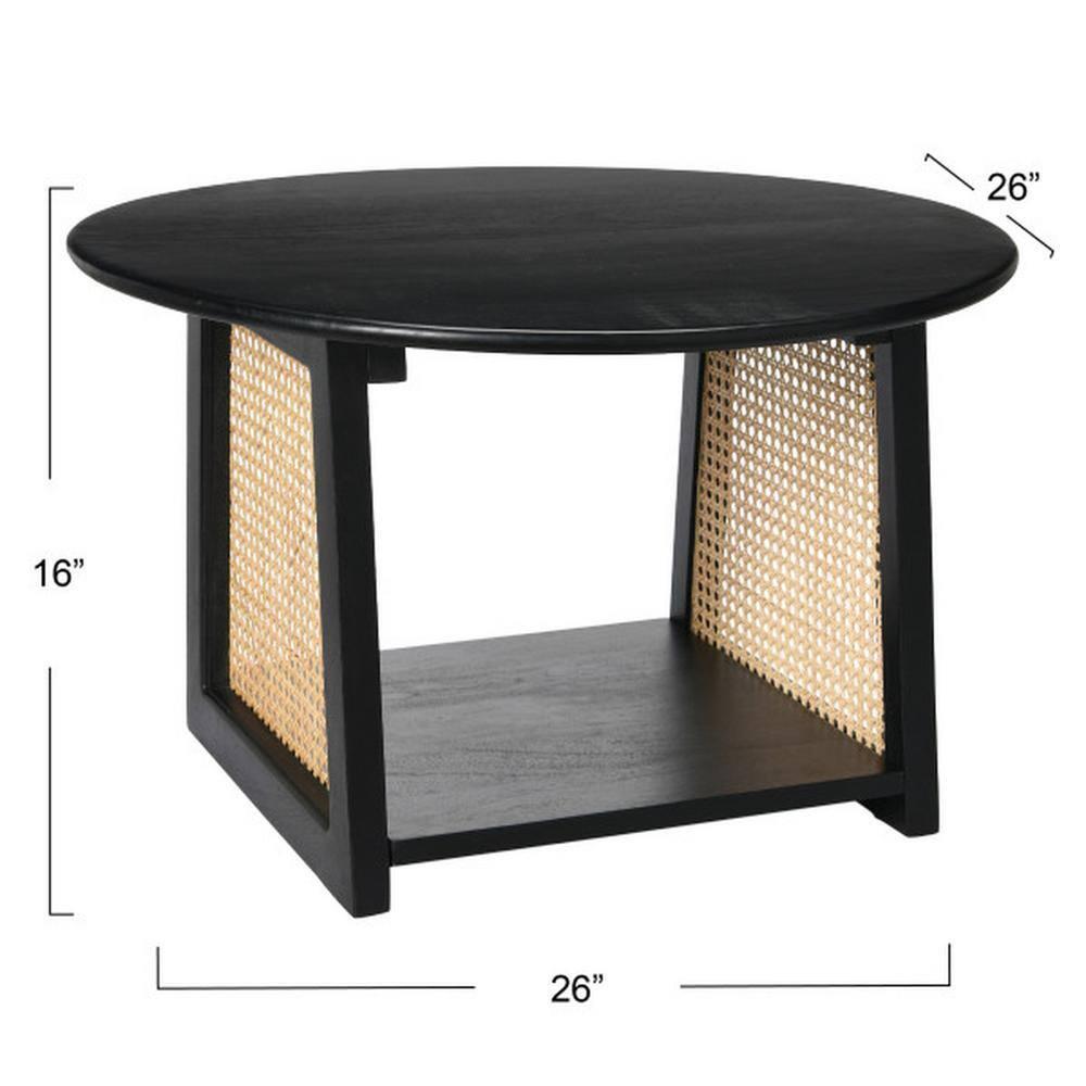 Storied Home Mango Wood and Cane Coffee Table with Shelf Black: Round, Modern, 25.75" Diameter